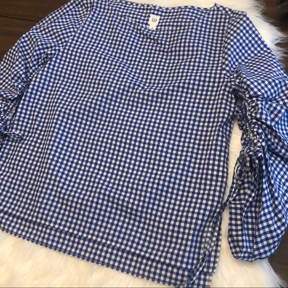 Gap Blue White Gingham Rusched Drawstring Top - image 5